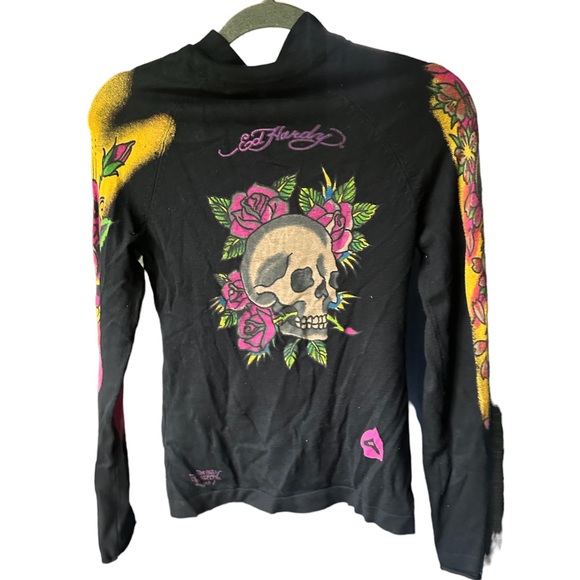 Ed Hardy Graphic Knit Zip Up Sweater Top - Picture 7 of 8
